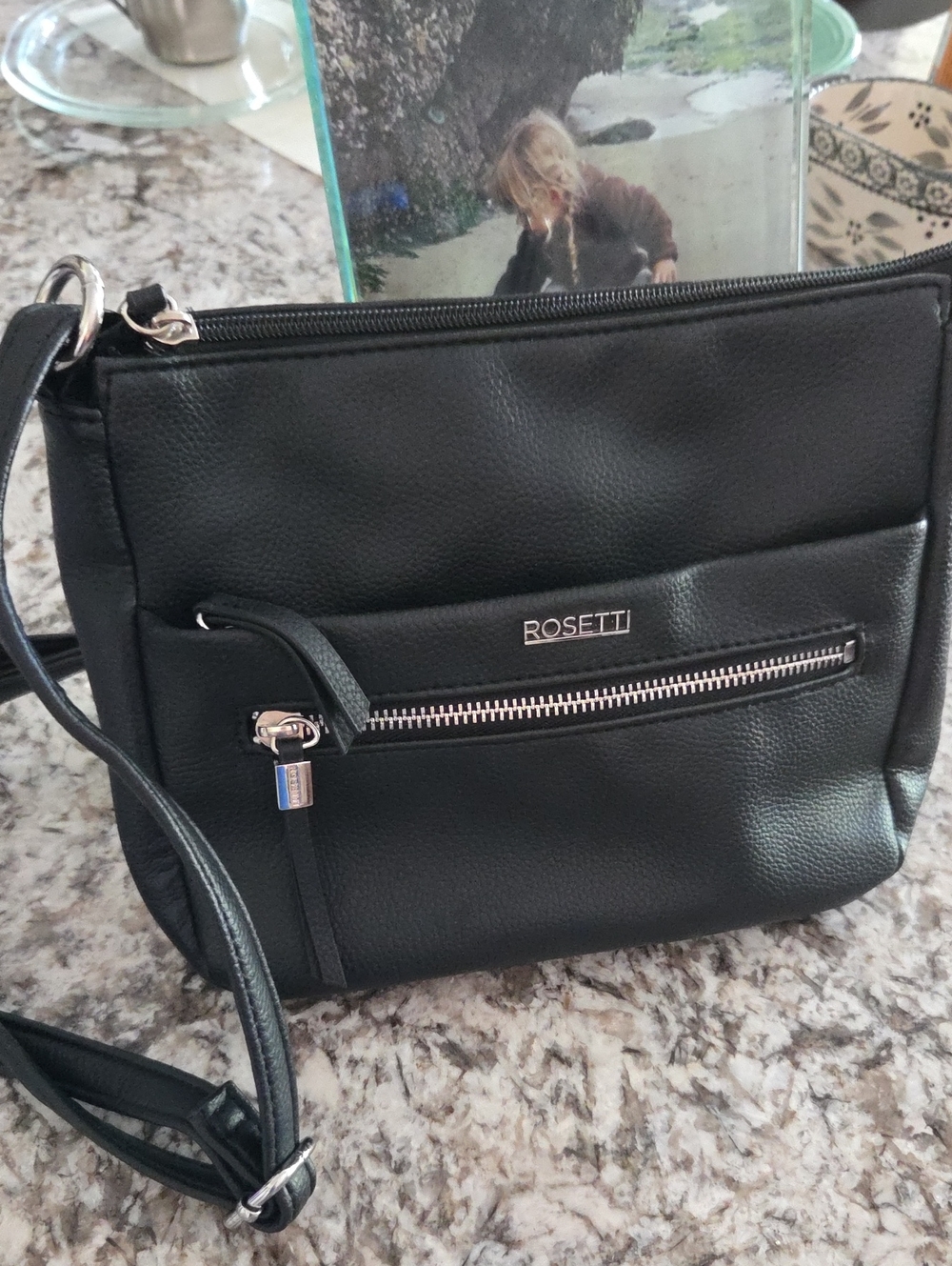 Rosetti Shoulder Black Purse Adjustable Shoulder Strap 5 Zippers and Pockets